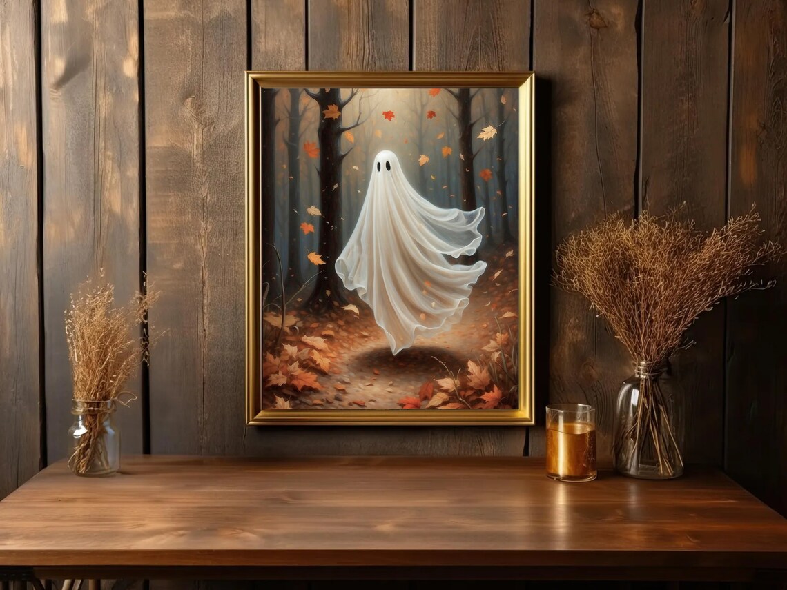 Ghost Floating Through an Autumn Forest of Falling Orange Leaves Poster - Image 3