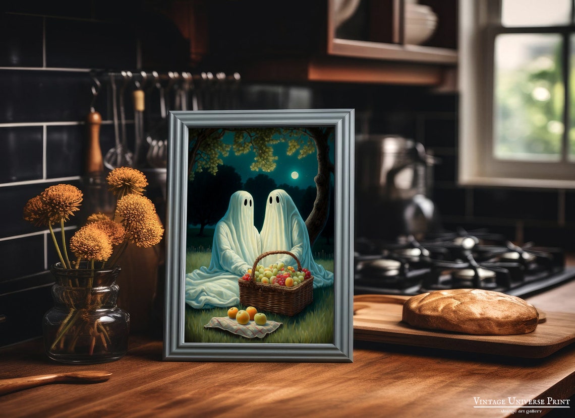 Two Ghosts Sharing A Picnic With Fruit Basket Under Moonlit Tree Print - Image 3