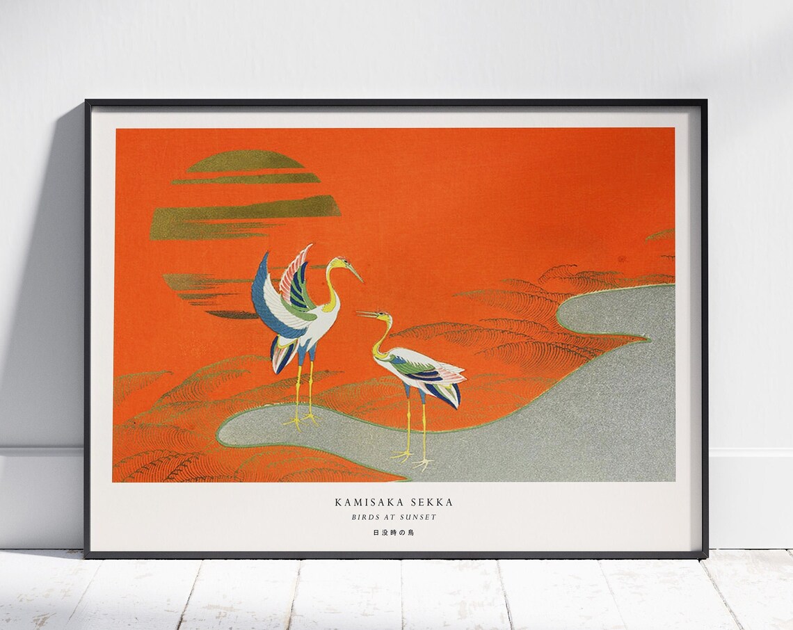 Kamisaka Sekka Birds At Sunset Red Sky Cranes Japanese Art Poster