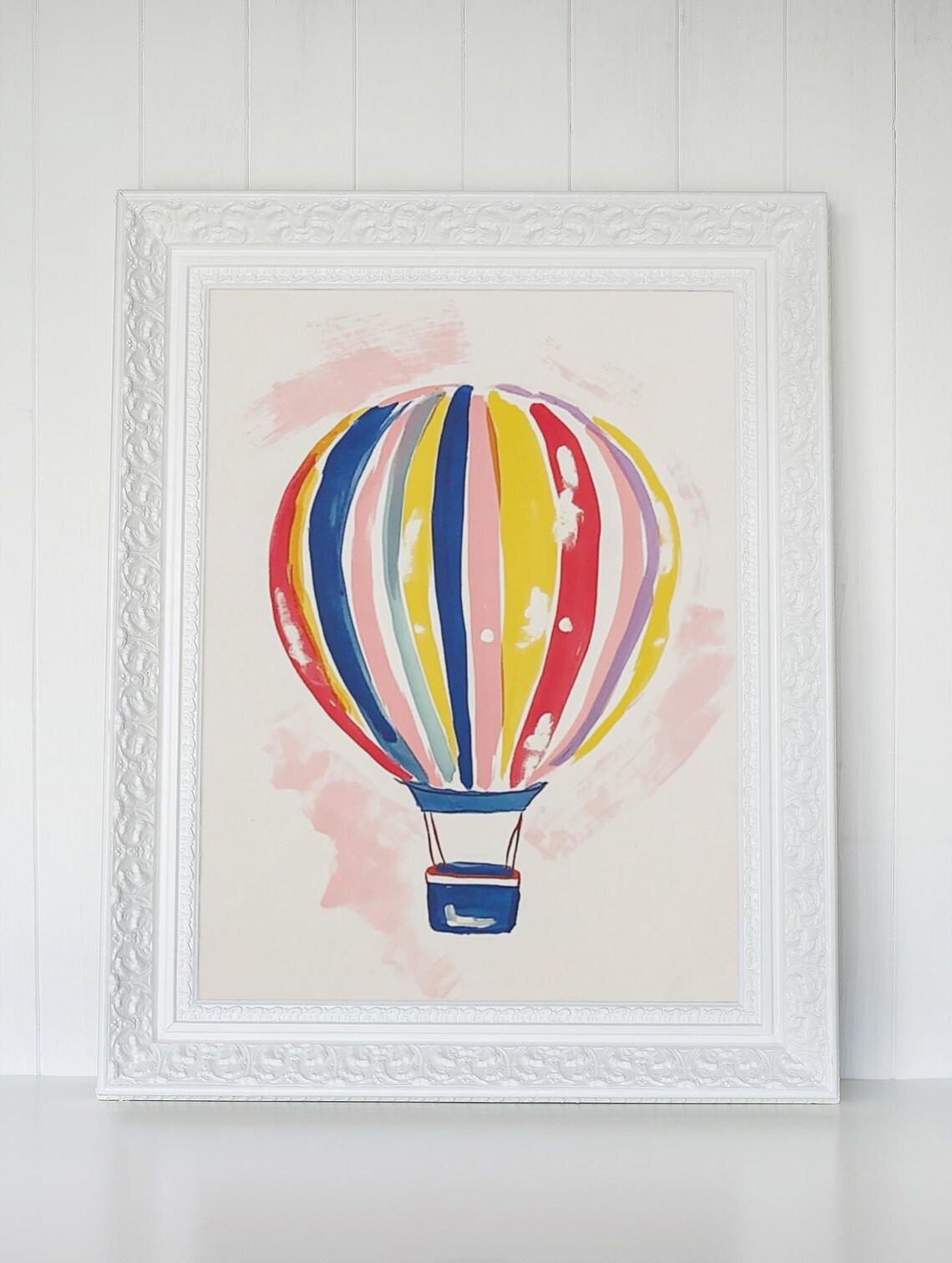 Rainbow Striped Hot Air Balloon Watercolor Kids Room Nursery Poster - Image 3