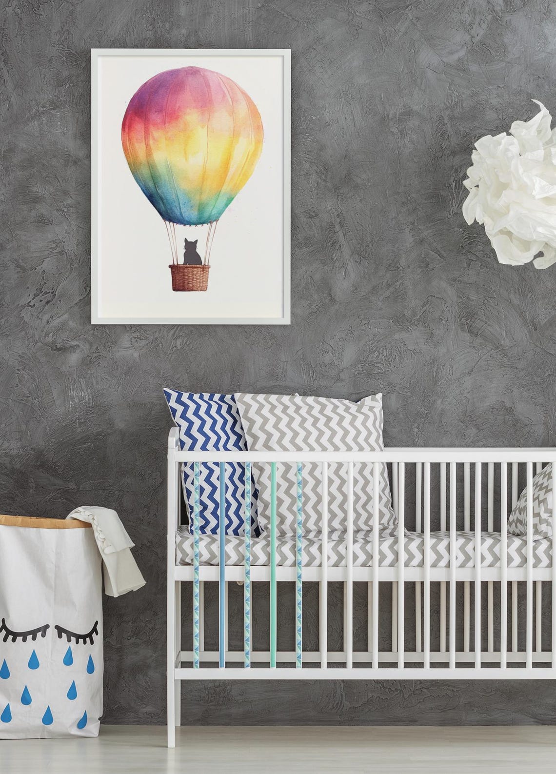 Rainbow Watercolor Balloon With Black Cat In Basket Kids Poster - Image 3