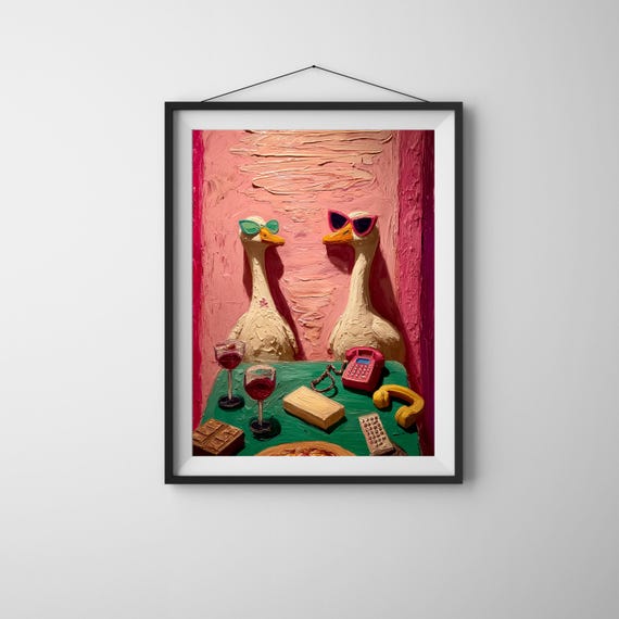 Funny Goose Art Print Surreal Ducks Drinking Wine Maximalist Wall Decor Quirky Retro Kitchen Poster Unframed Kitsch Conversation Starter