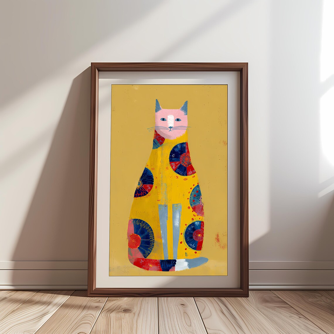 Folk Art Cat Print For Scandinavian Interior Design Mid Century Modern Boho Nursery Decor Unframed Yellow Wall Lover Gift