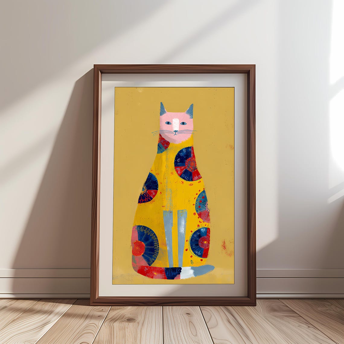 Whimsical Folk Art Patchwork Yellow Cat Colorful Boho Decor Poster