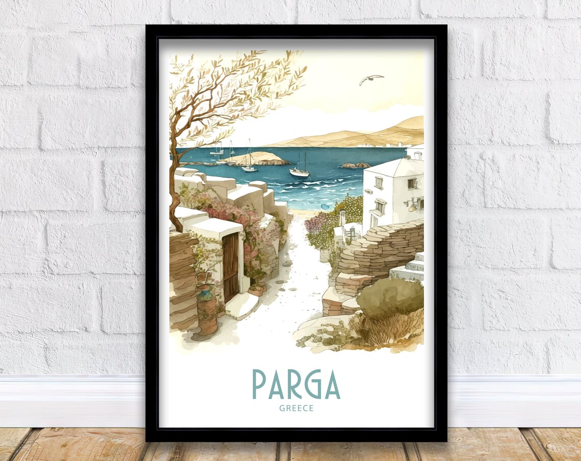 Parga Greece Watercolor White Alley Harbor Boats Olive Tree Art Poster