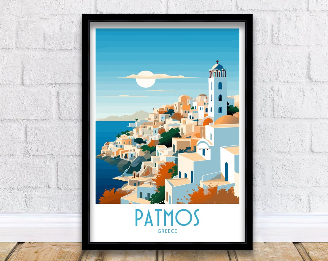 Patmos Greece Hillside Town Bell Tower Moon Over Sea Travel Art Poster