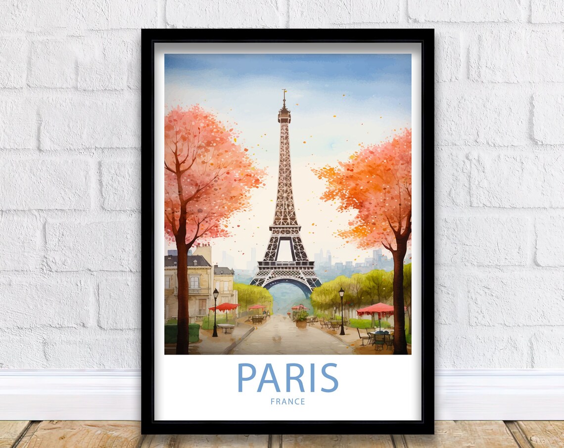 Paris France Eiffel Tower Watercolor Autumn Travel Art Poster