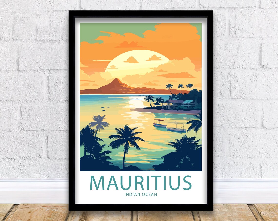 Mauritius Indian Ocean Palm Beach Sunset Illustrated Travel Poster