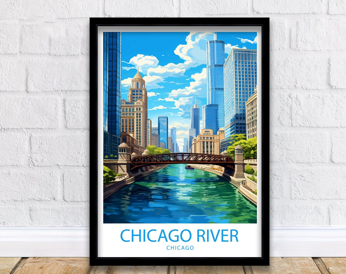 Chicago River Illinois Downtown Towers Bridge Waterway Travel Poster