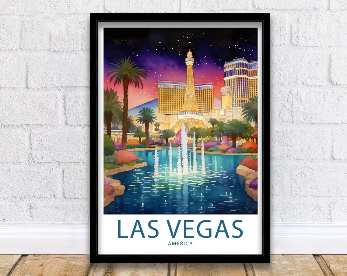 Las Vegas America Eiffel Tower Replica Fountain Lake Night Poster