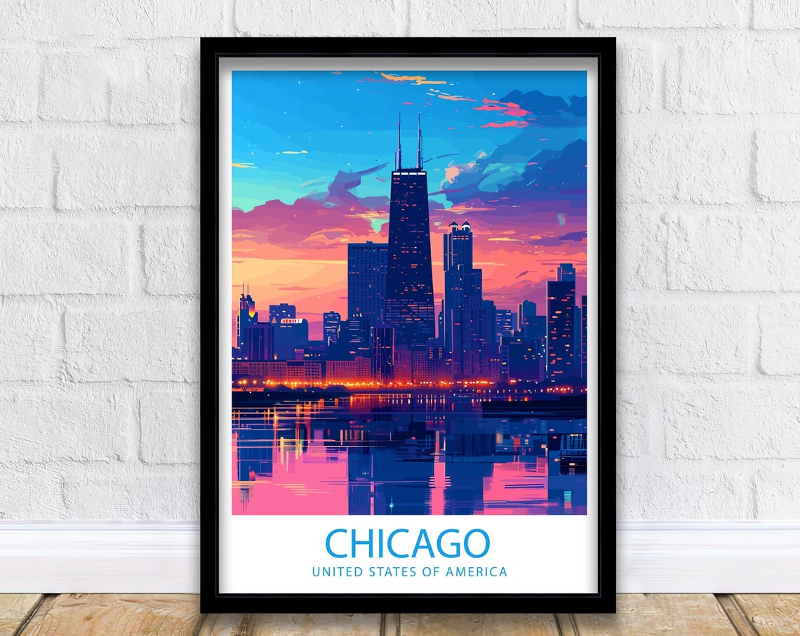 Chicago Illinois Sunset Downtown Skyline Lake Reflection Travel Poster