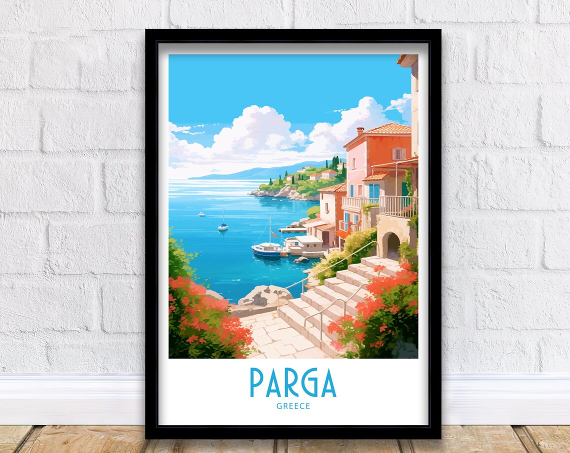 Parga Greece Harbor Steps Red Flowers Pastel Houses Travel Art Poster