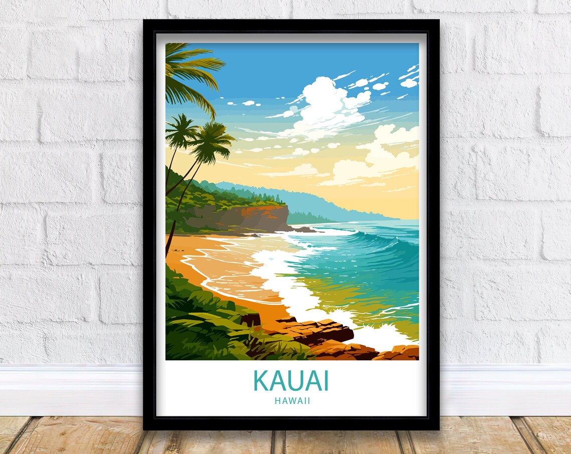 Kauai Hawaii Palm Framed Golden Beach Cliff Sunset Art Poster