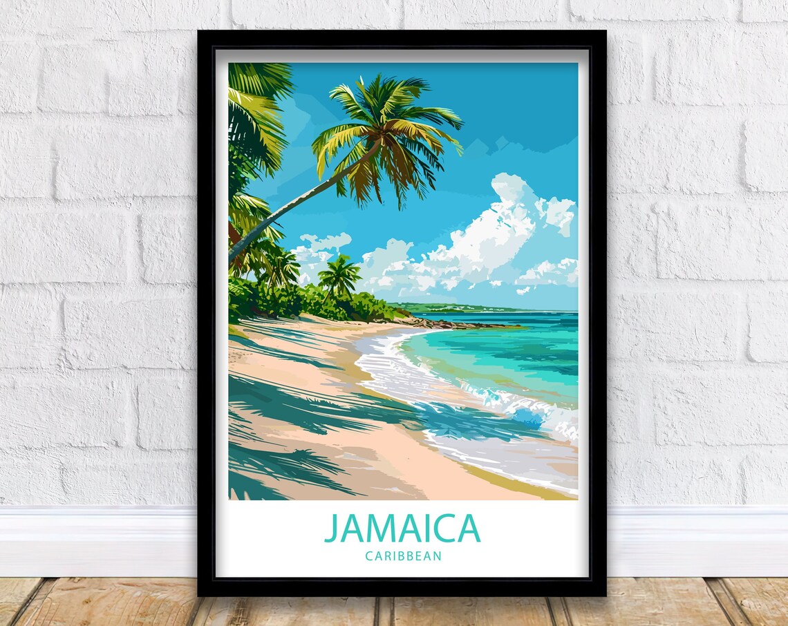 Jamaica Caribbean Palm Lined Sandy Beach Turquoise Sea Travel Poster