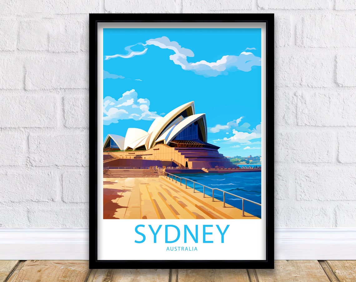 Sydney Australia Opera House Boardwalk Sunny Illustrated Travel Poster
