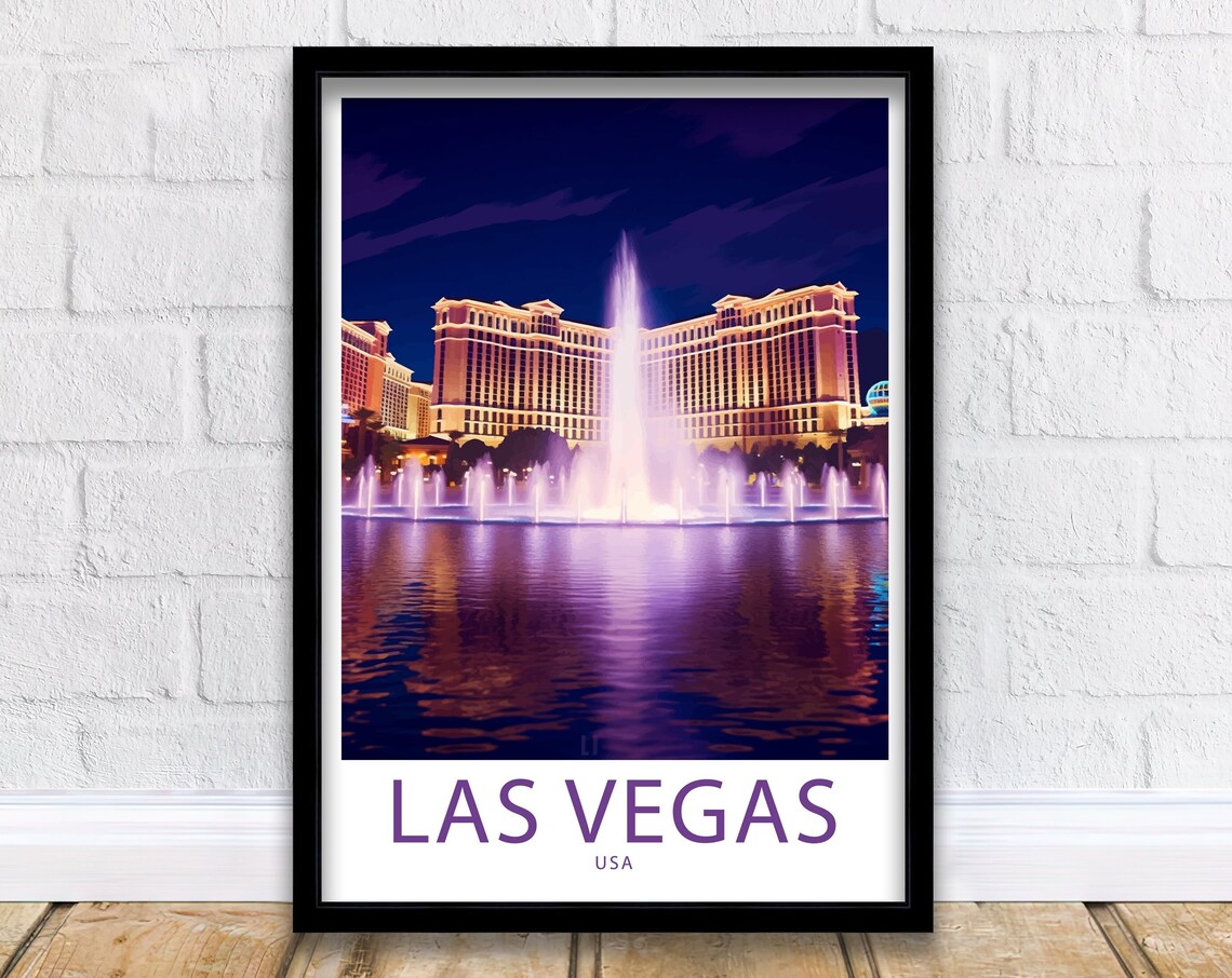 Las Vegas USA Bellagio Fountain Show Purple Night Skyline Poster