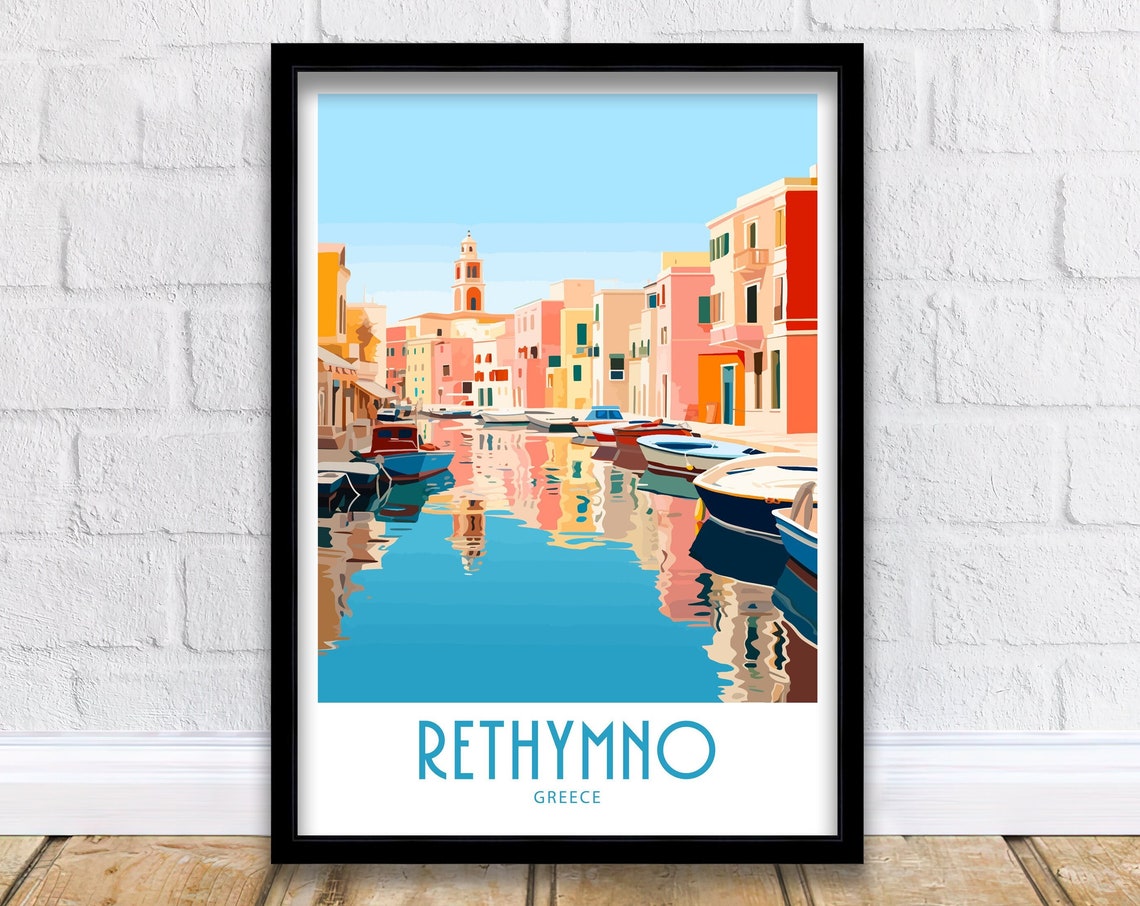 Rethymno Greece Colorful Waterfront Reflections Old Town Harbor Poster