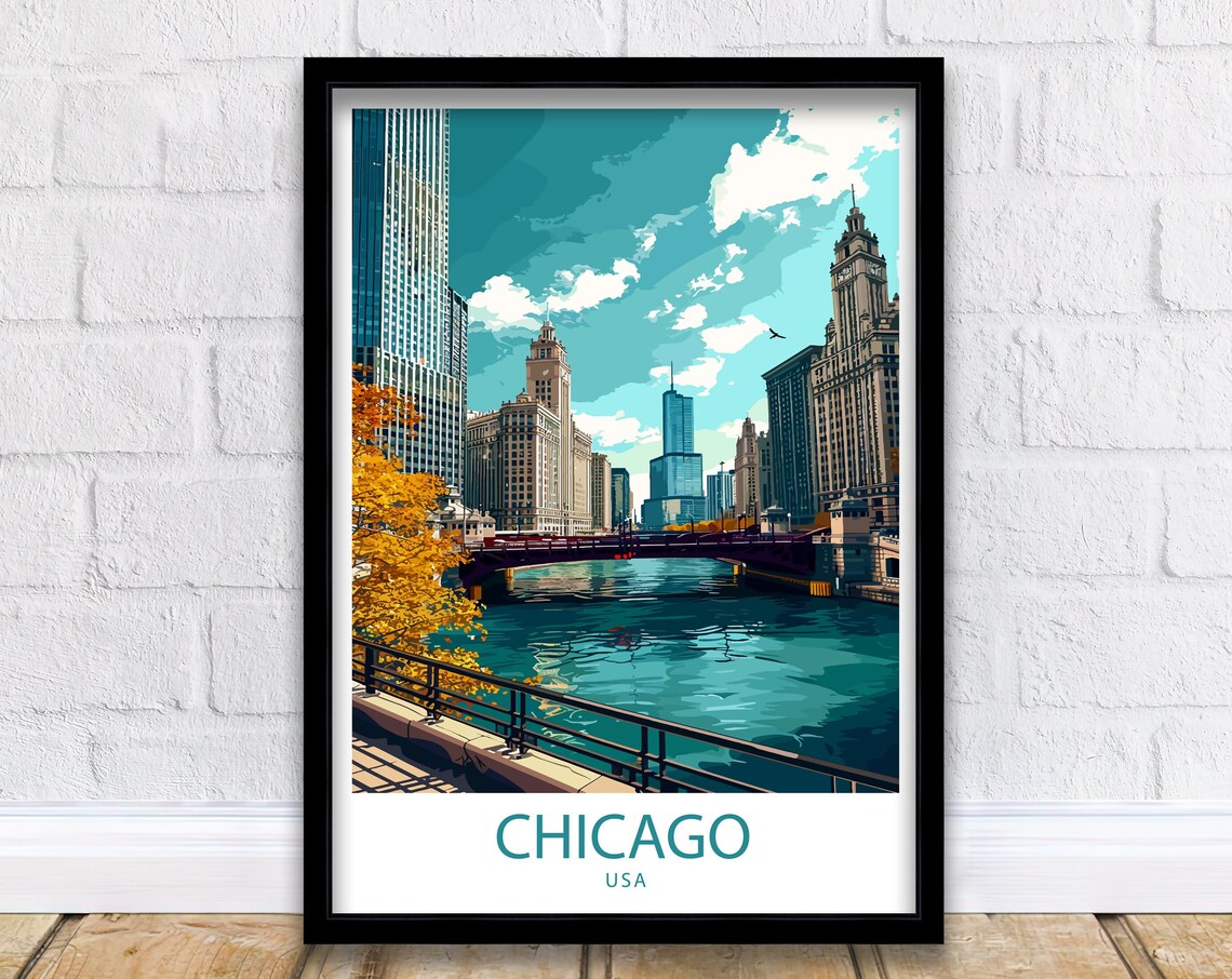 Chicago River Travel Poster, USA Wall Decor