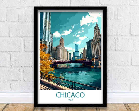 Chicago River Travel Poster, USA Wall Decor