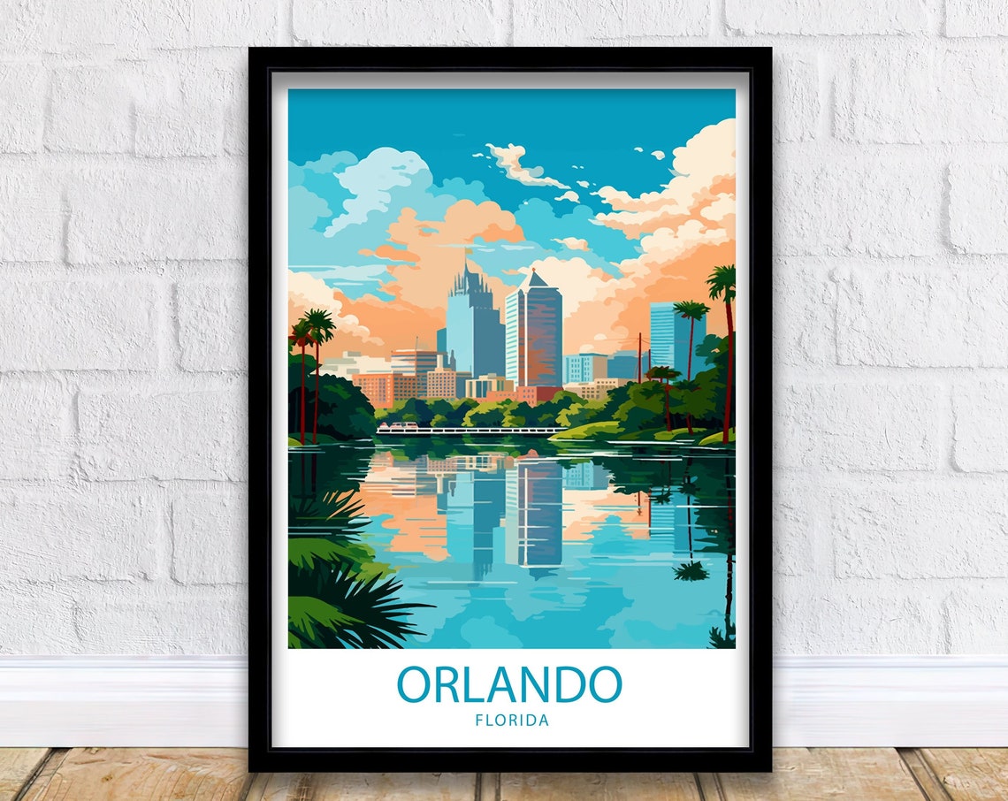 Orlando Florida Sunset Skyline Palm Lake Reflection Travel Poster