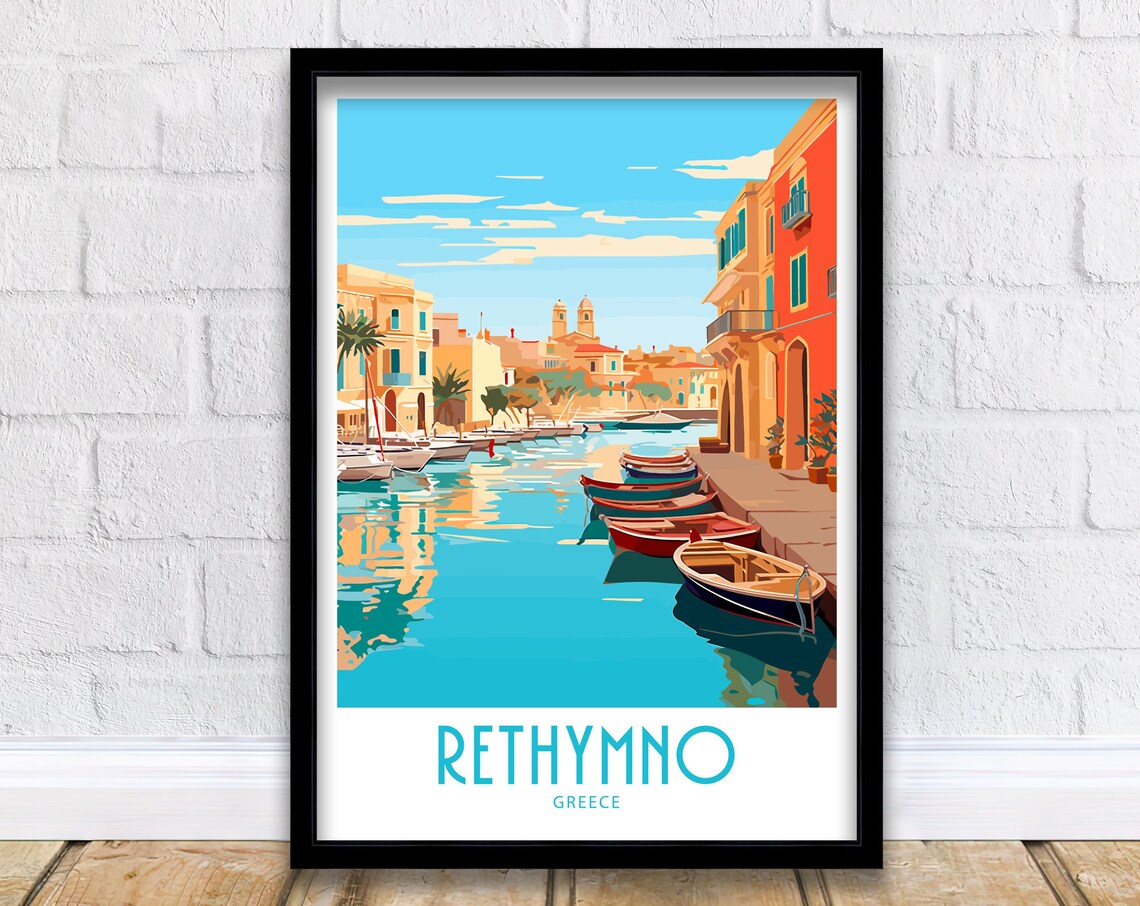 Rethymno Greece Old Harbor Fishing Boats Waterfront Houses View Poster