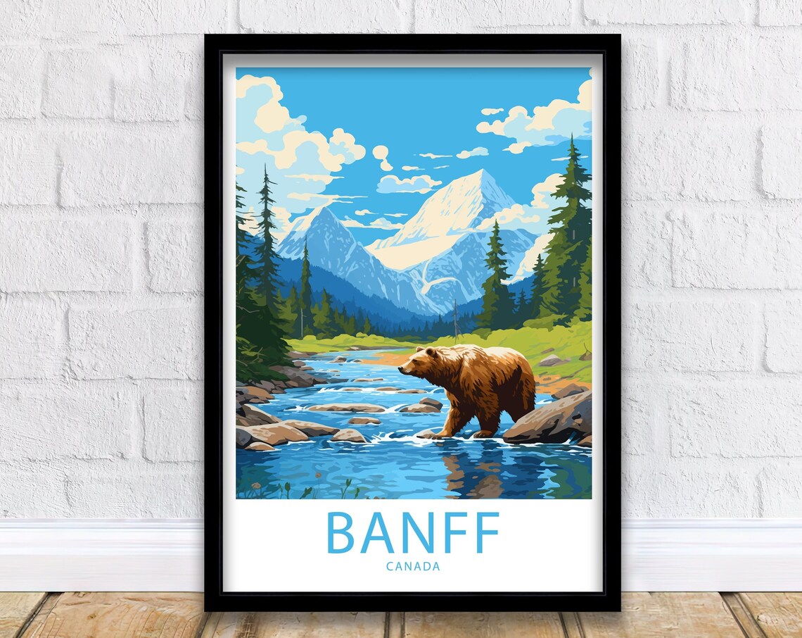 Banff Canada Grizzly Bear Mountain River Illustrated Travel Poster