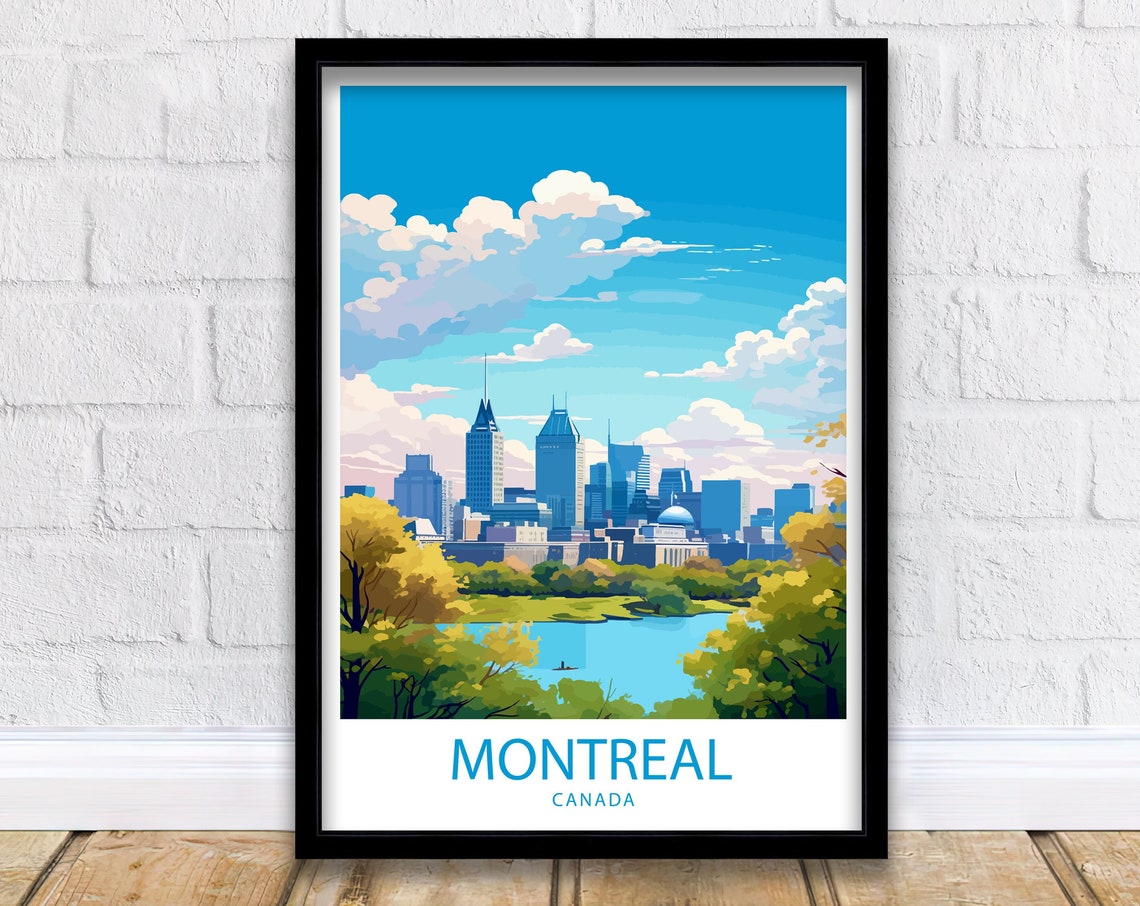 Montreal Canada Downtown Skyline Park Lake Vintage Travel Poster