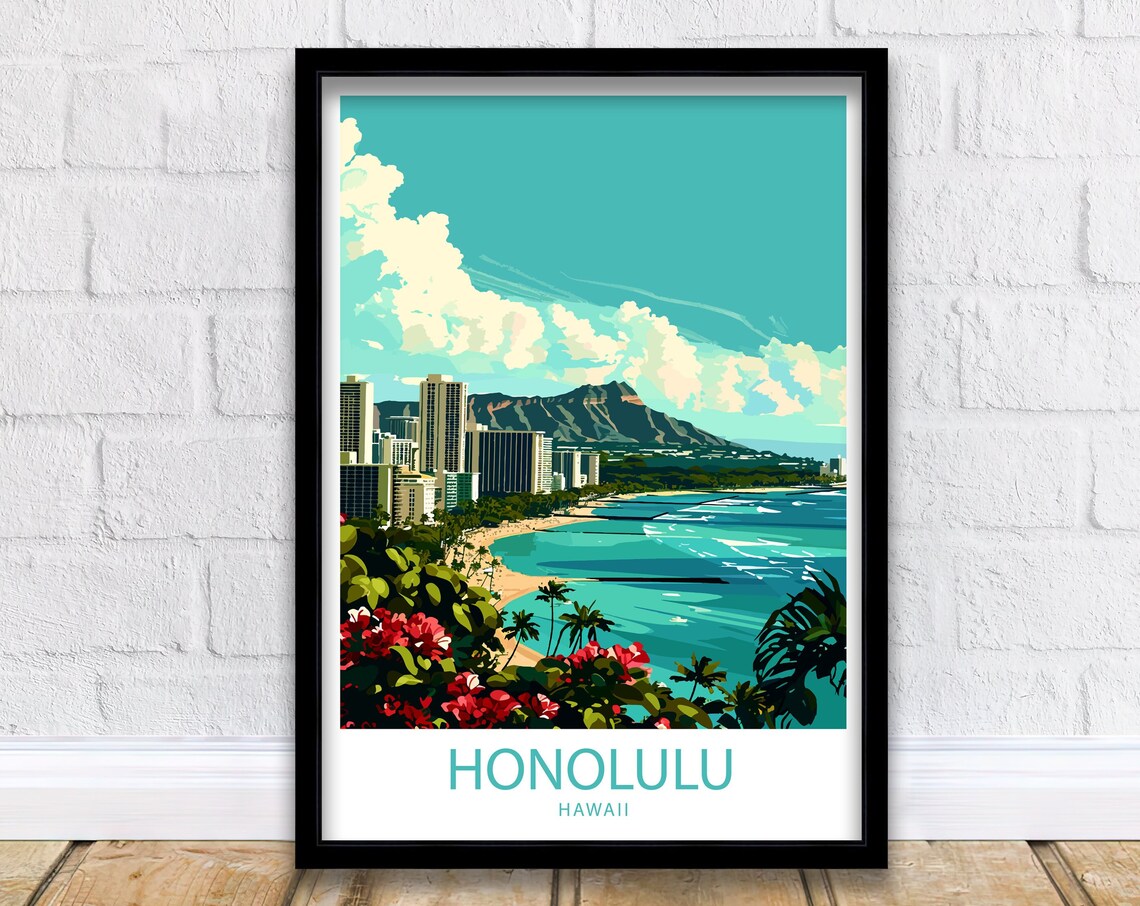 Honolulu Travel Poster, Hawaii City Wall Decor