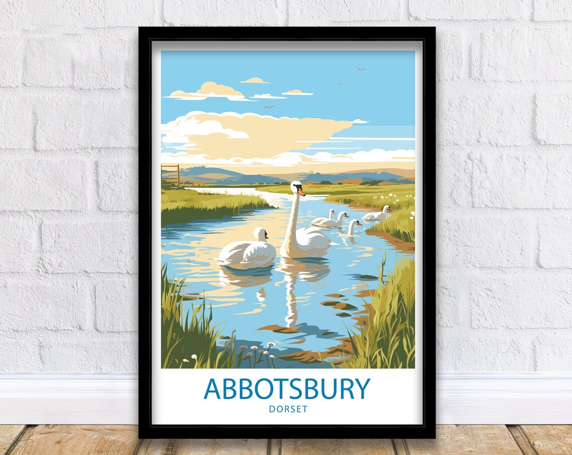Abbotsbury Dorset Swans River Countryside Illustrated Travel Poster