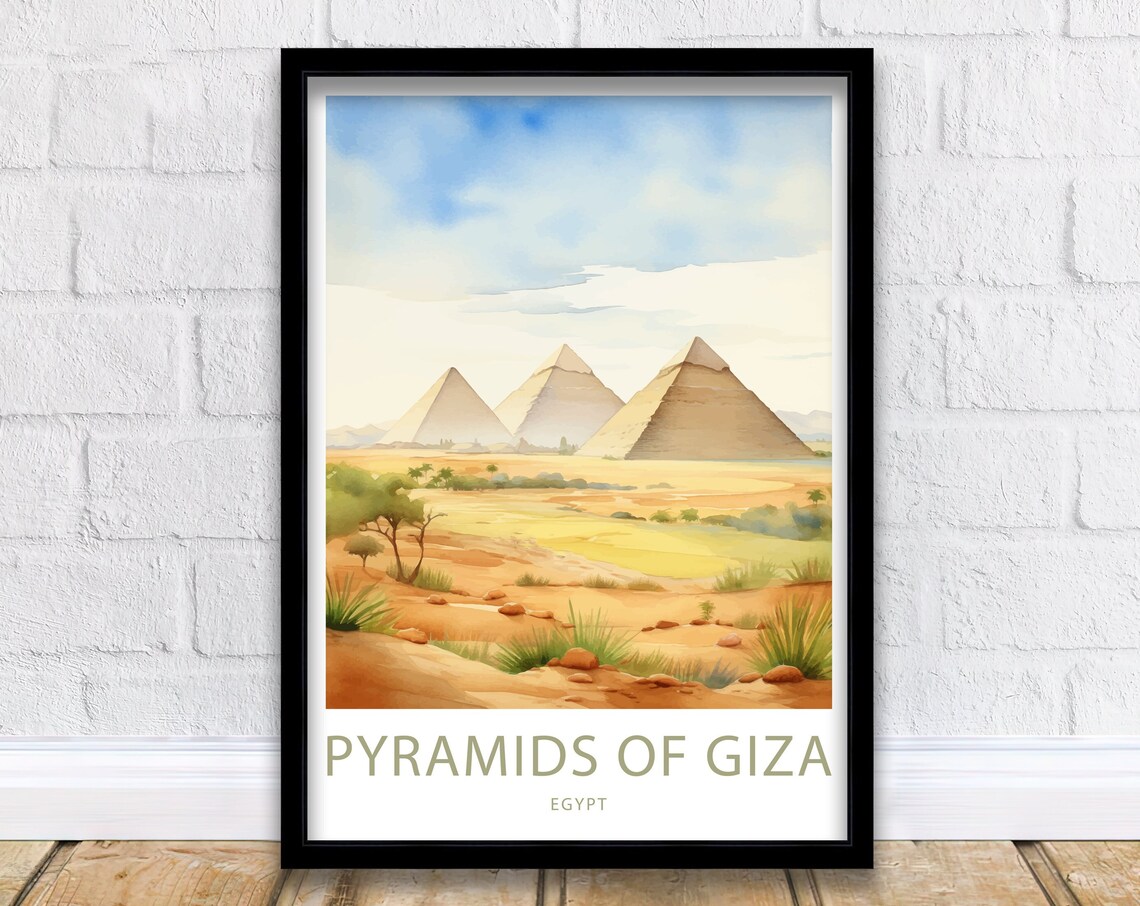 Pyramids of Giza Egypt Desert Watercolor Illustrated Travel Poster