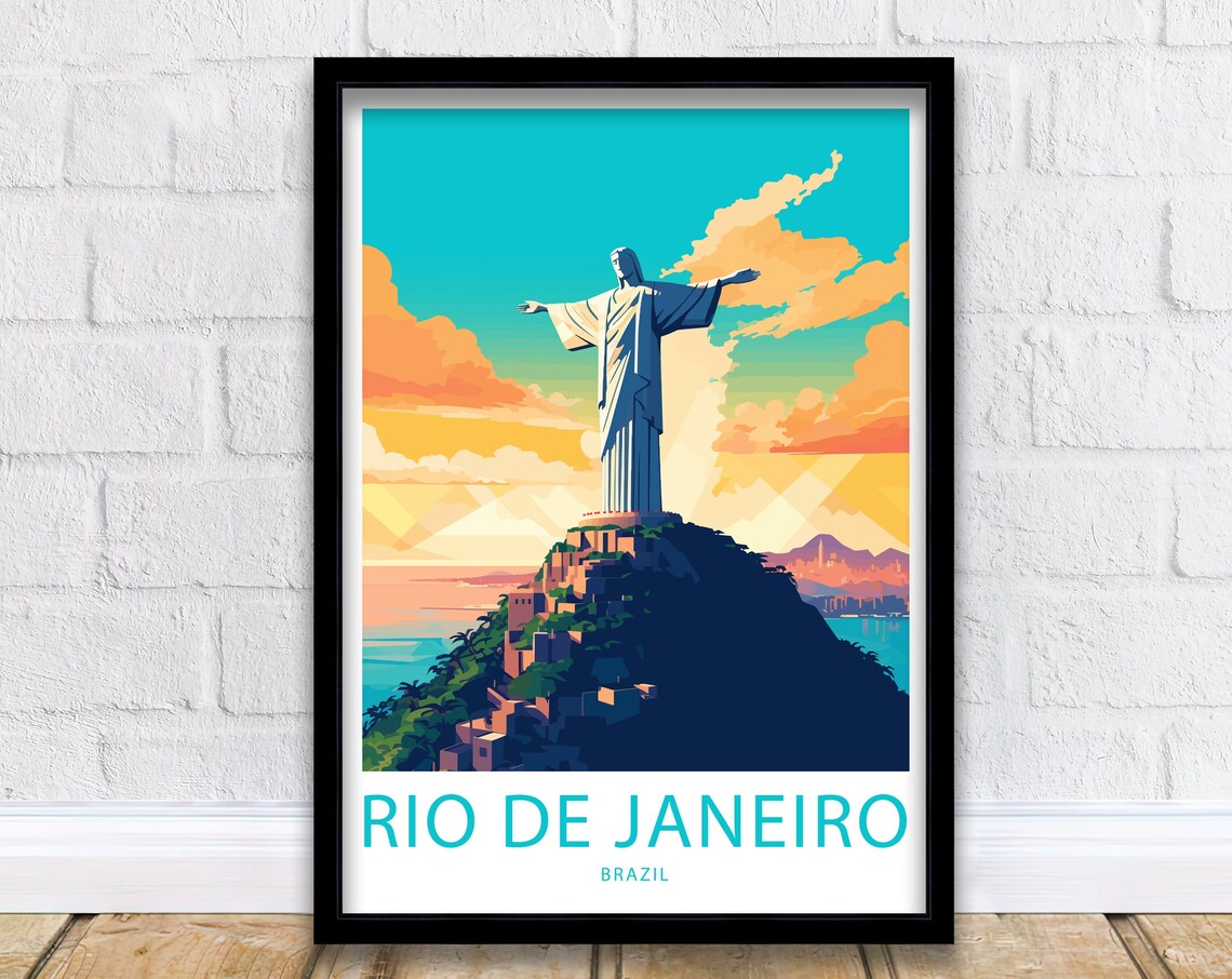 Rio de Janeiro Brazil Christ the Redeemer Sunset Illustrated Poster