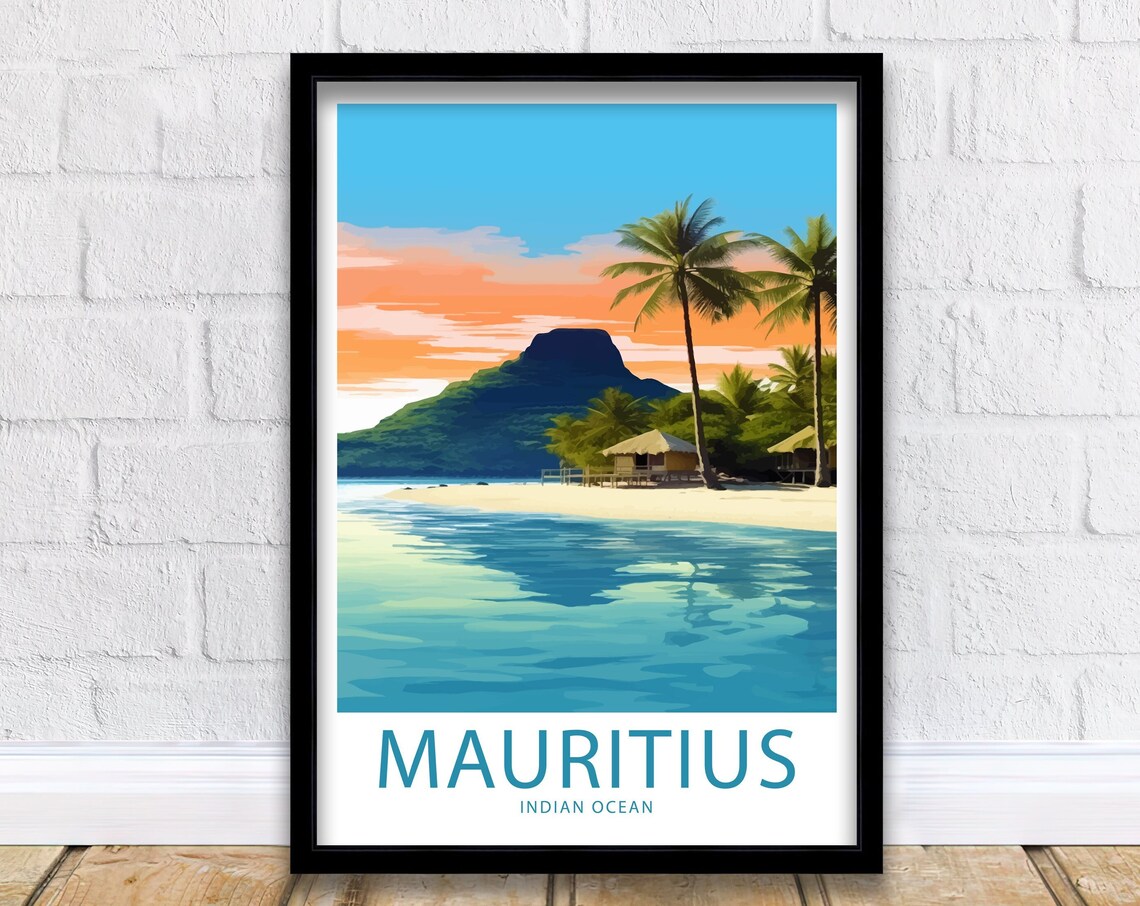 Mauritius Indian Ocean Palm Beach Mountain Illustrated Travel Poster