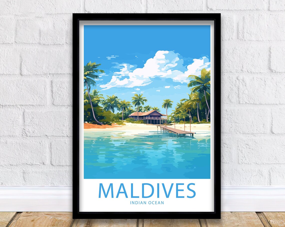 Maldives Indian Ocean Beach House Wooden Jetty Turquoise Water Poster