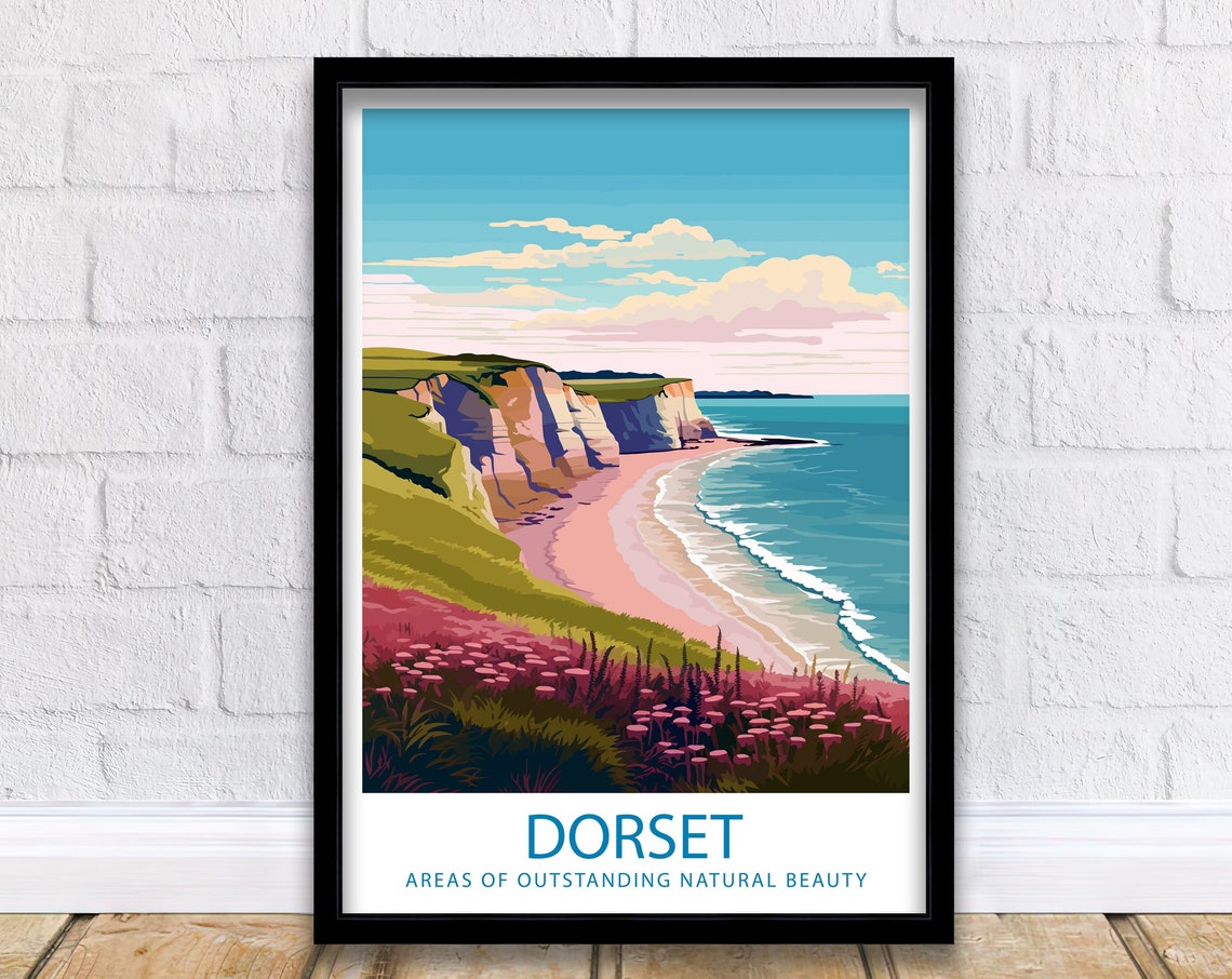 Dorset Chalk Cliffs Sandy Cove Pink Wildflower Coast Scene Poster