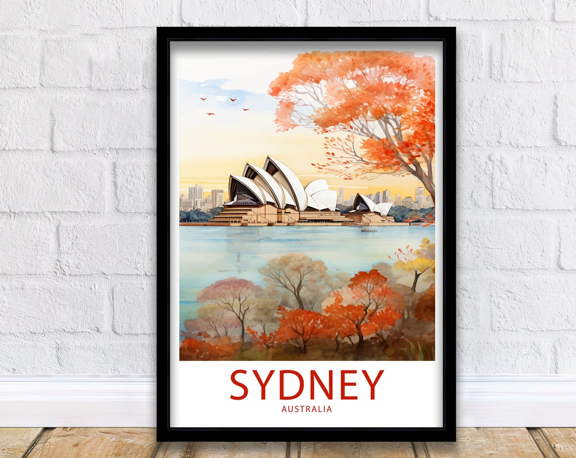 Sydney Australia Opera House Autumn Trees Illustrated Travel Poster