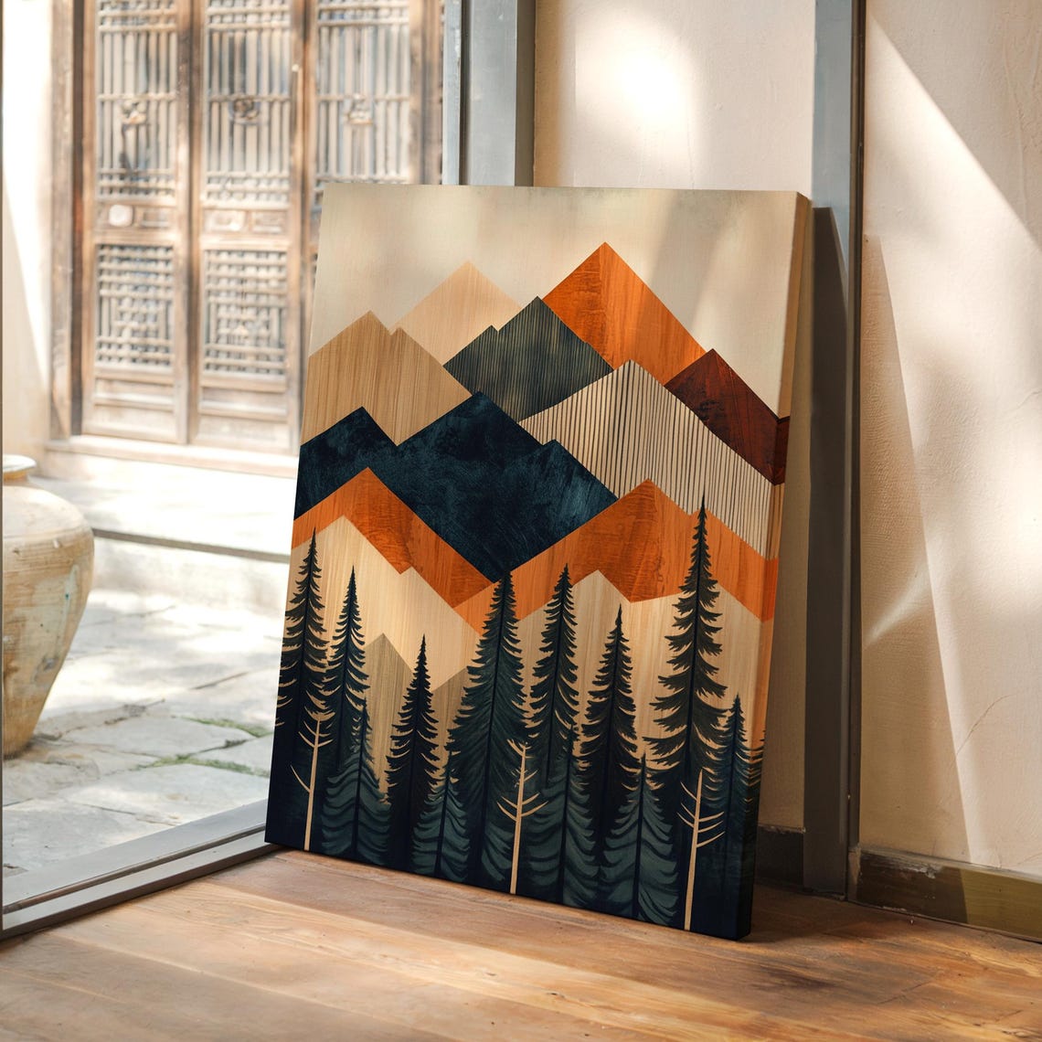 Modern Geometric Mountain Print Abstract Nature Wall Art Boho Forest Landscape Decor Earthy Tones Poster For Home Or Office