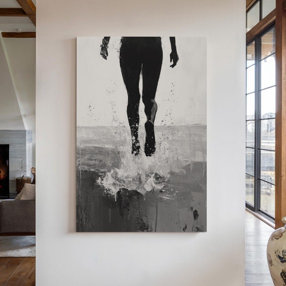 Dynamic Black And White Abstract Art Print Bold Splash Painting Of Running Person Minimalist Modern Wall Decor For Home Or Office