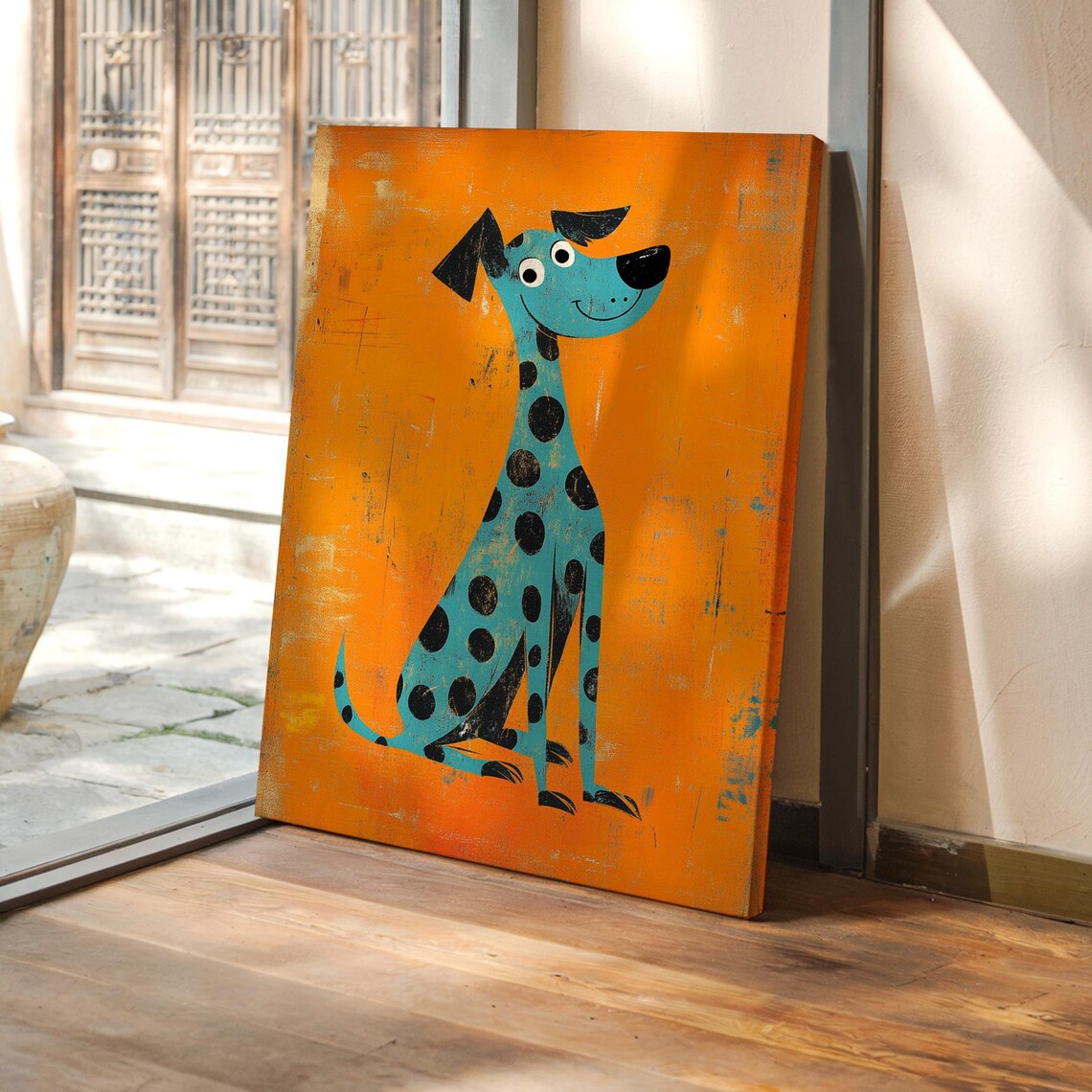 Blue Spotted Cartoon Dog Orange Background Whimsical Pet Art Poster
