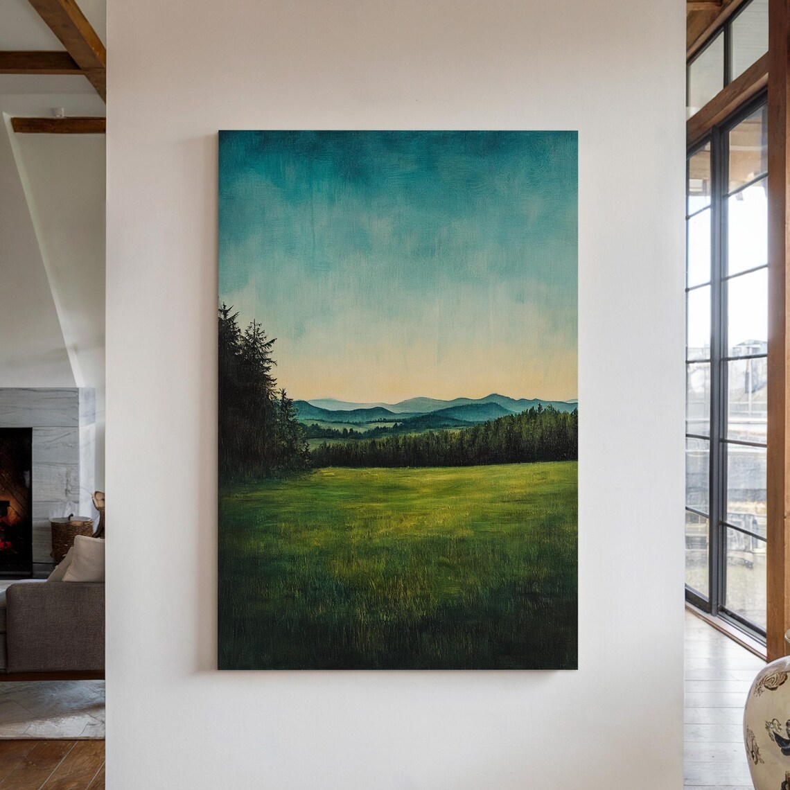 Serene Mountain Landscape, Misty Forest Art Print