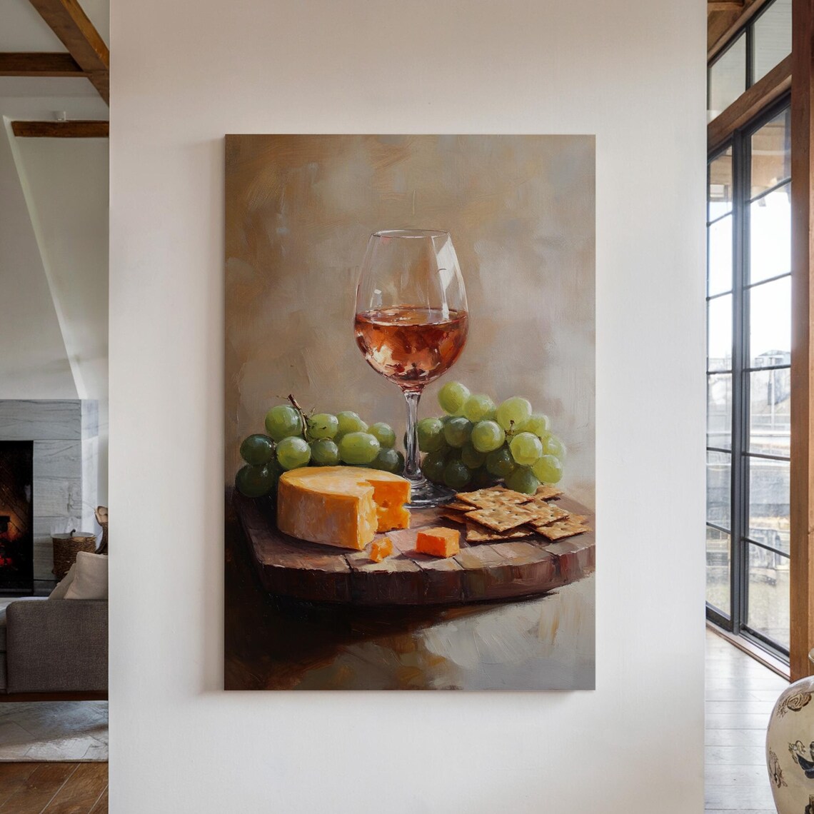 Rustic Wine Cheese Grapes Crackers Still Life Painting Kitchen Wall Poster