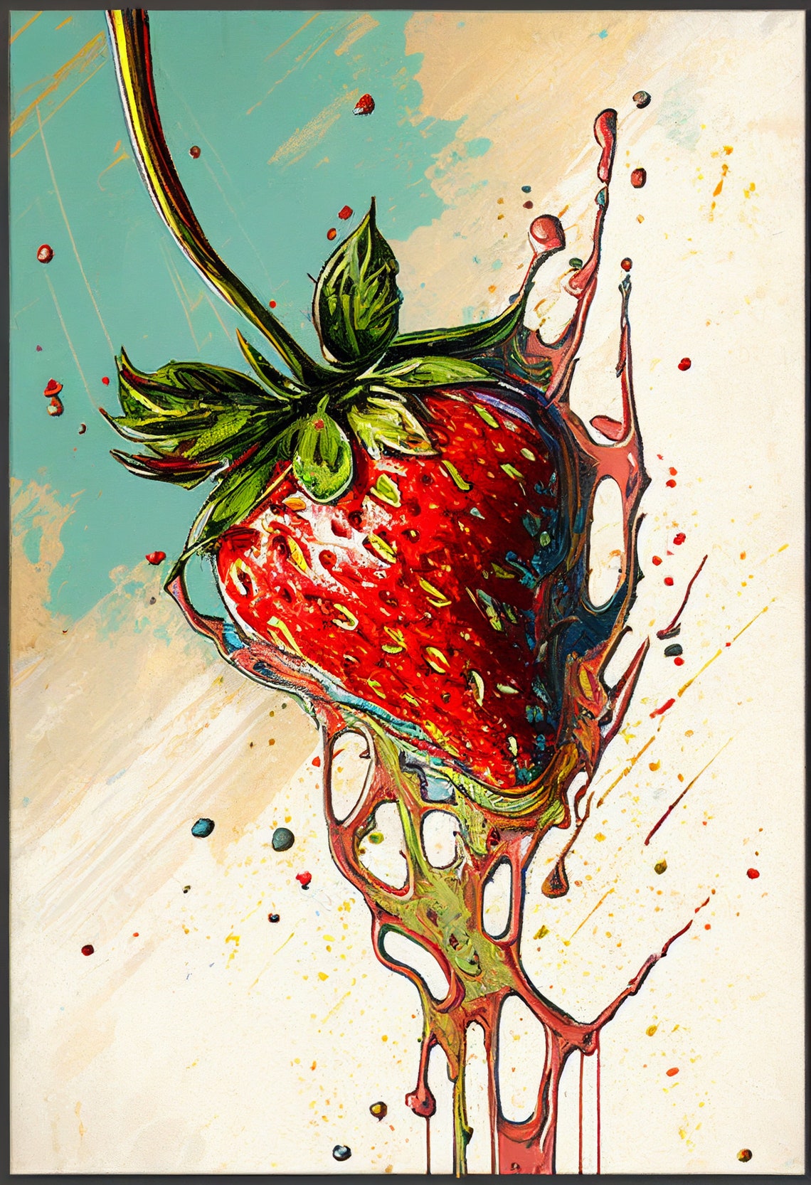 Abstract Paint Splash Strawberry With Dripping Color Art Poster - Image 2