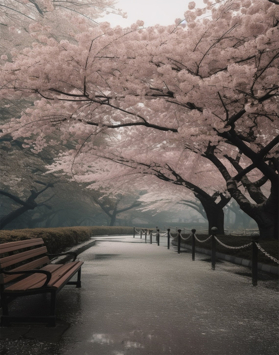 Misty Cherry Blossom Tree Tunnel Path With Wooden Bench Poster - Image 2