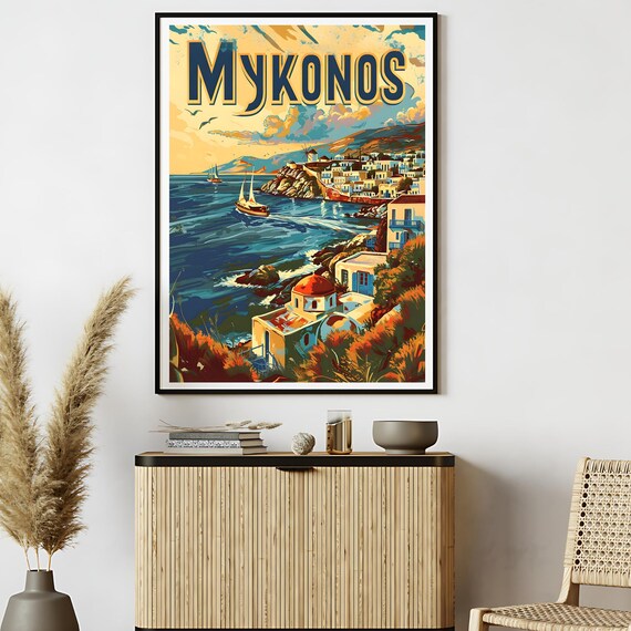 Mykonos Greece Vintage Travel Poster Aegean Coast Retro Artwork
