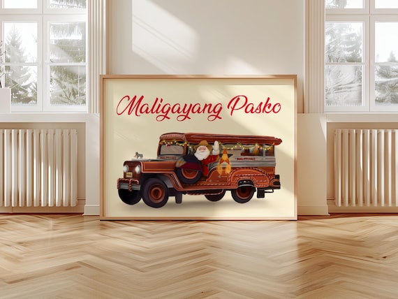 Philippines Christmas Wall Art Poster Maligayang Pasko Filipino Santa Clause Jeepney Home Decor Digital Printable