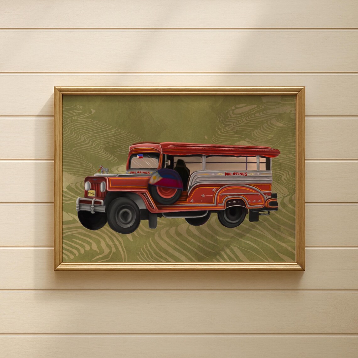Red Filipino Jeepney With Green Rice Terraces Philippines Poster