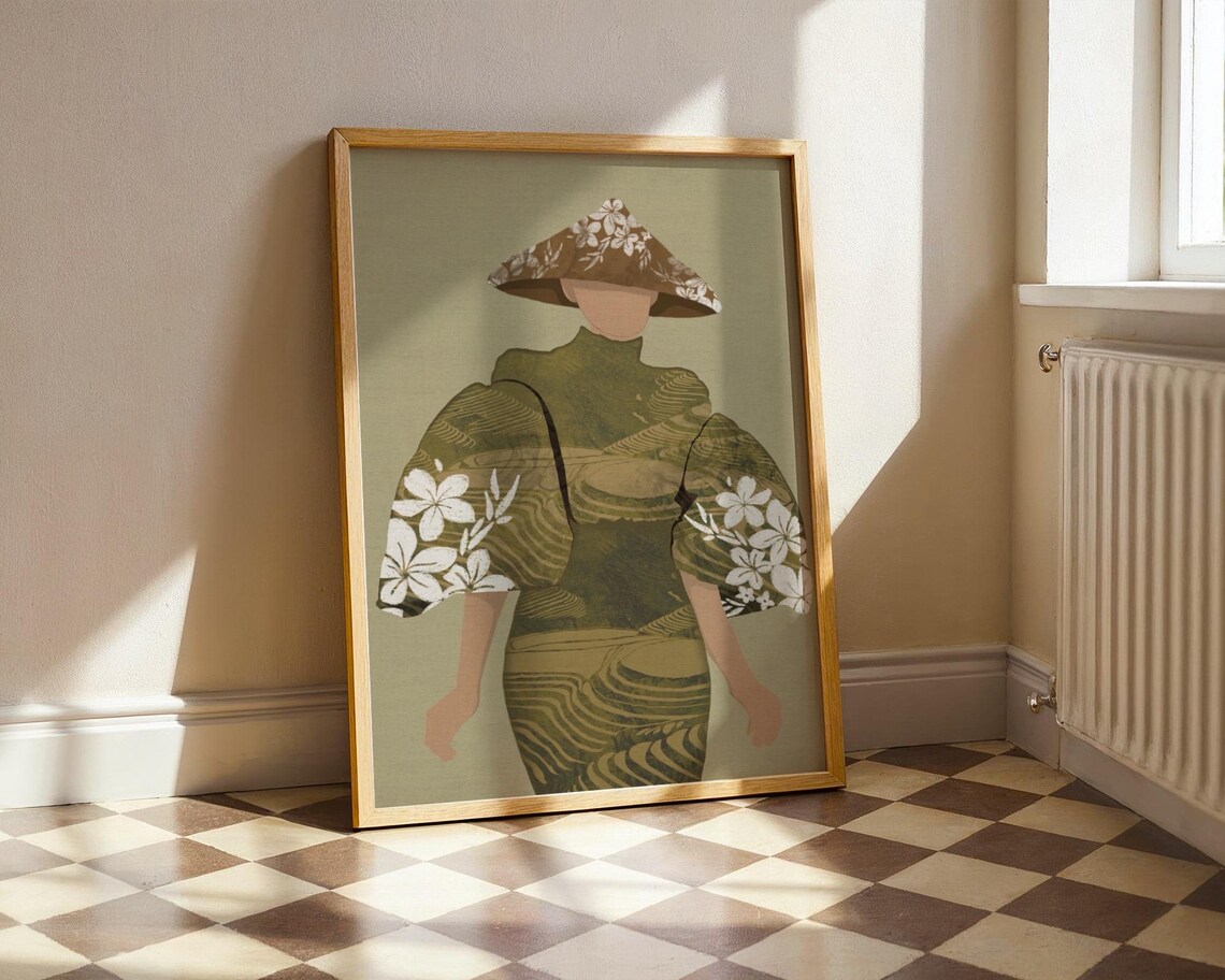 Filipina Woman Green Terno Rice Terraces Floral Heritage Poster Art
