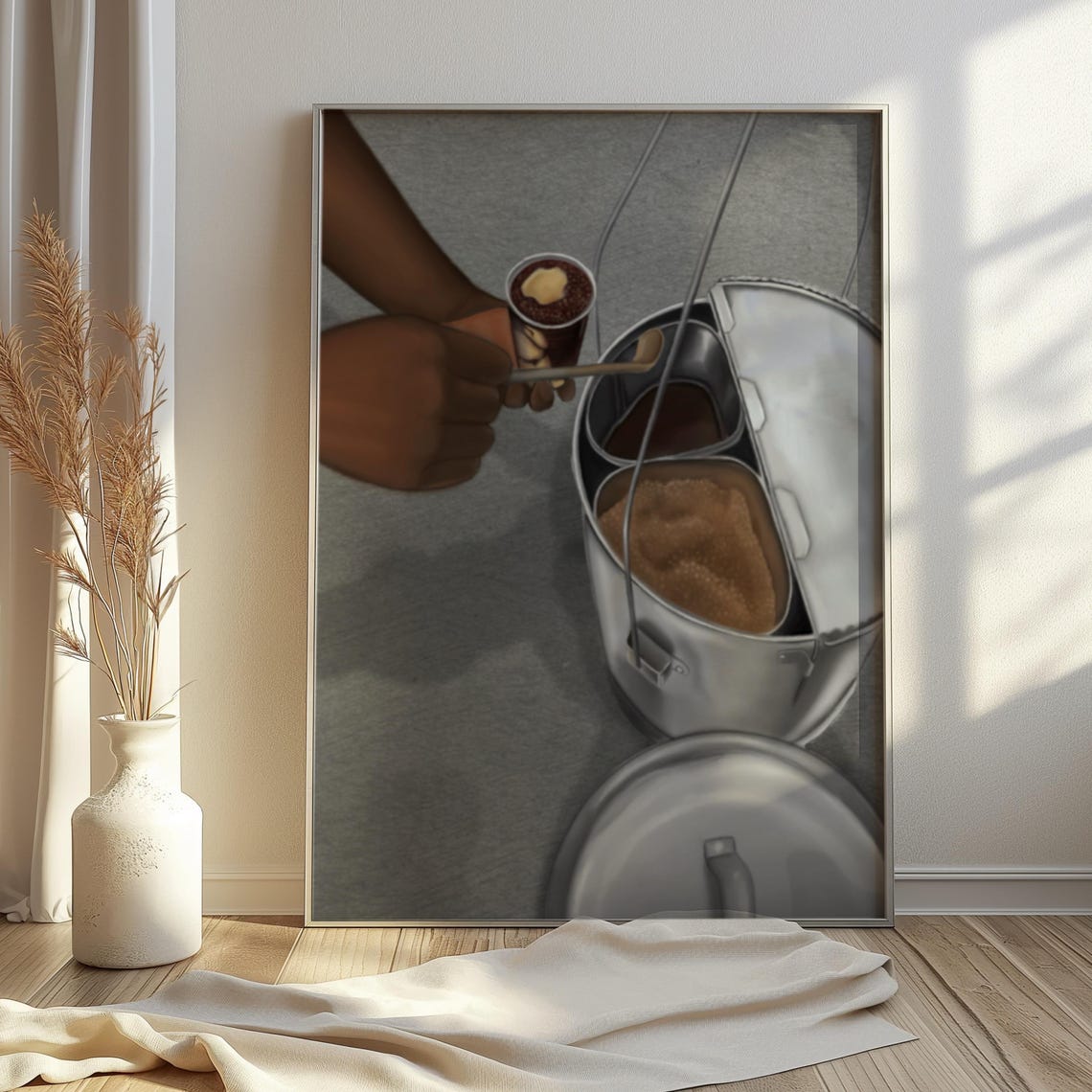 Hand Pouring Coffee from Metal Pitcher with Sugar Painting Poster