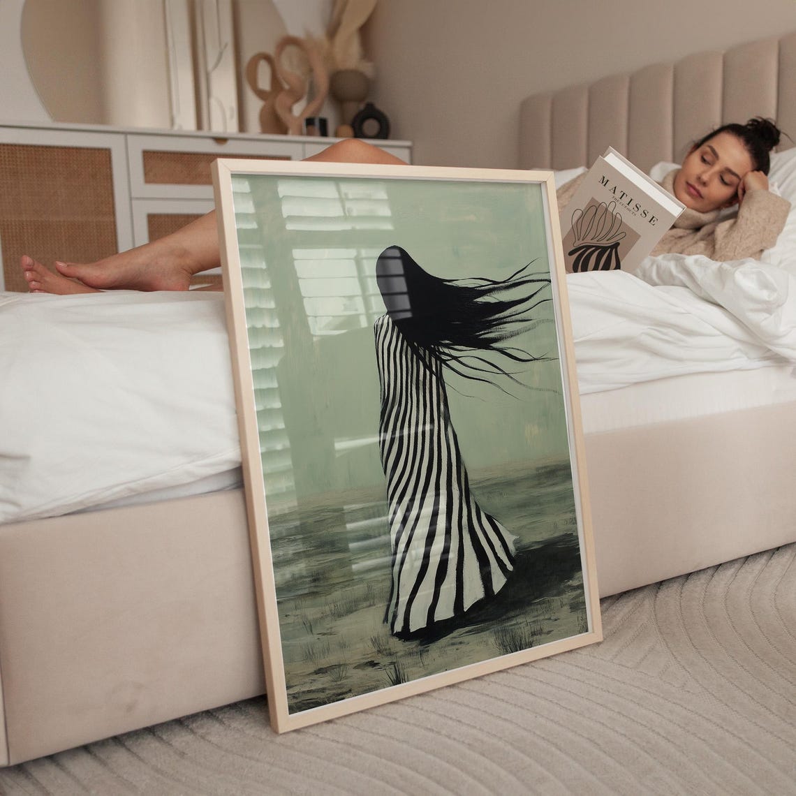 Windswept Hair Striped Dress Woman Back View Moody Green Poster - Image 2