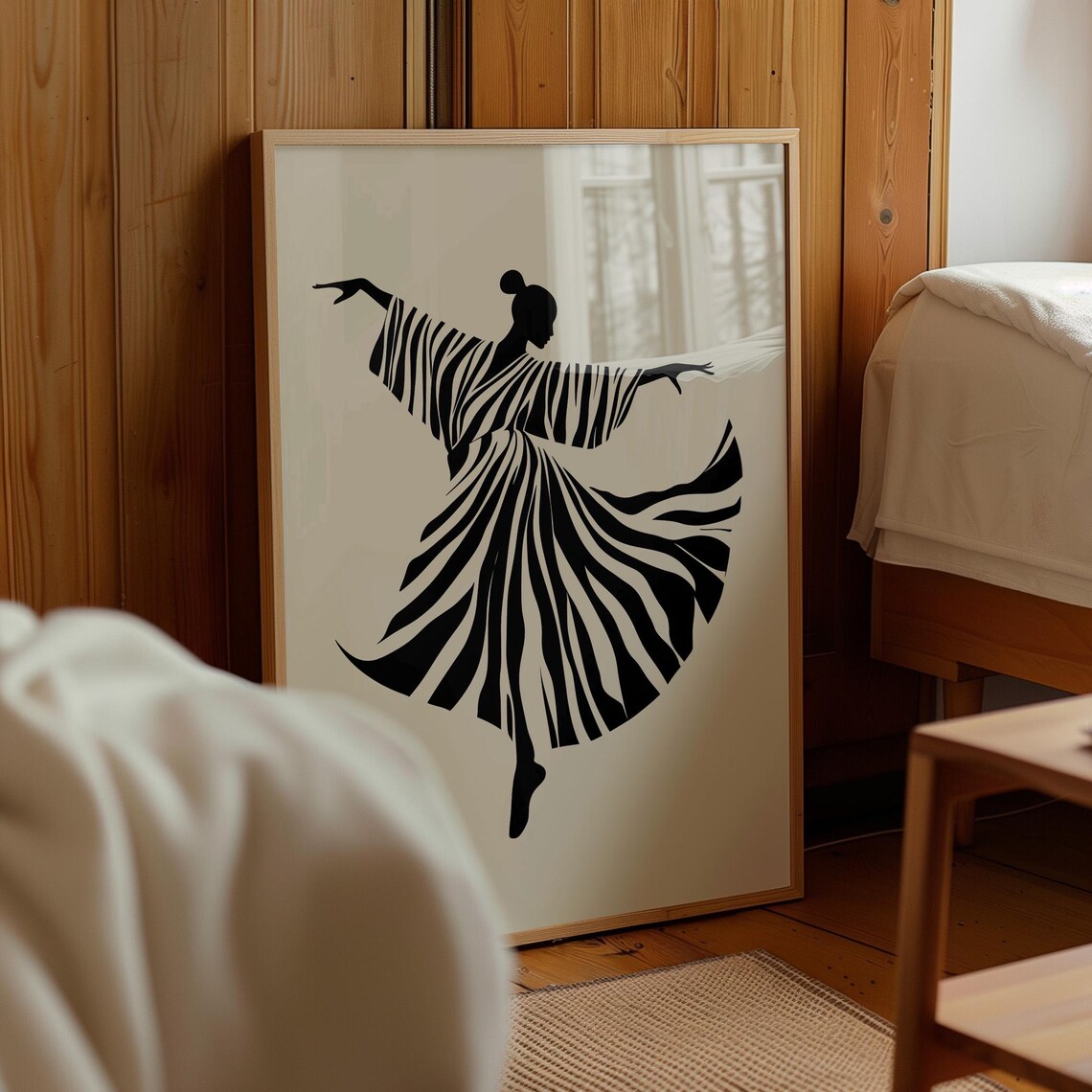 Dancer Silhouette Flowing Zebra Striped Dress Black Cream Poster - Image 3