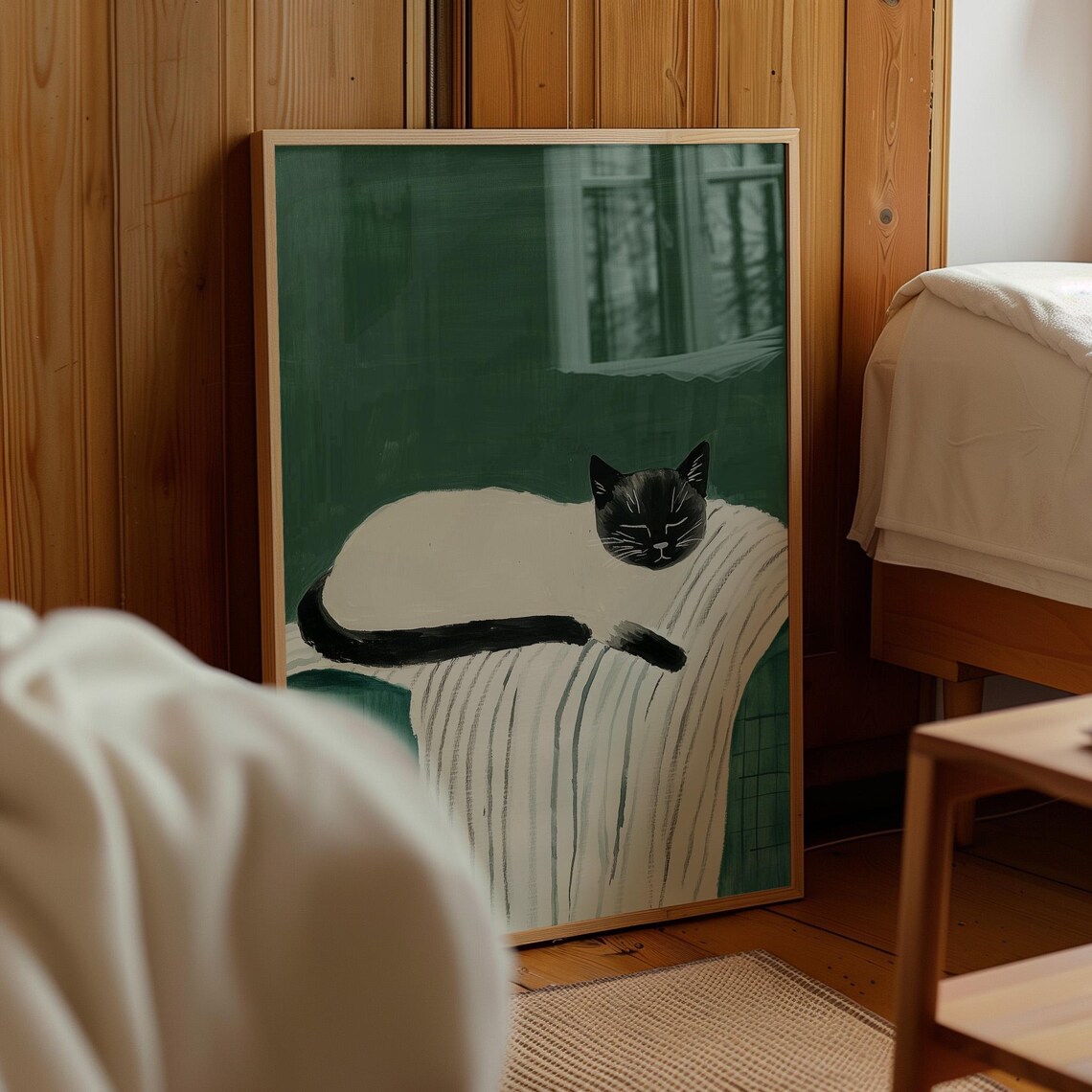 Sleeping Cat On Striped Blanket Emerald Green Naive Painting Poster - Image 3